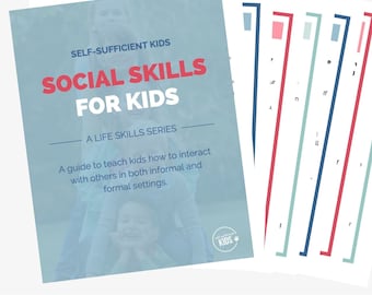 Può includere: Una copertina di ebook blu e bianca con il titolo "Social Skills for Kids" e il sottotitolo "A Life Skills Series". La copertina presenta una foto di due bambini che si abbracciano. Il testo "18-page eBook" è in fondo alla copertina.