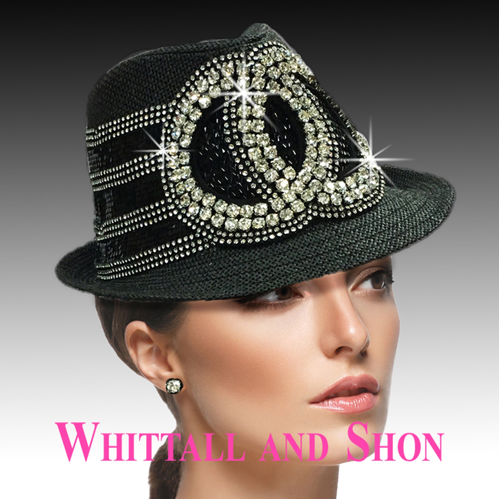 Fedora Black Sequins Hat, One Side, Color Black Wholesale Fedora Black with Silver Rhinestone Bling Hat main image 2