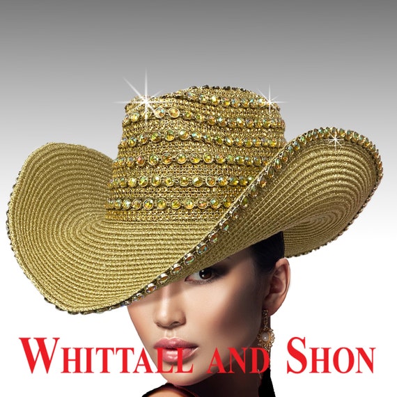 Wide Brim Straw Cowboy Hat with Gem Band for Women Straw Cowboy Hat with Rhinestone Gem Band - Boardwalk Hats  main image 2