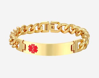 Classic Engraved Stainless Steel Medical ID Bracelet, Figaro Chain Emergency Jewelry