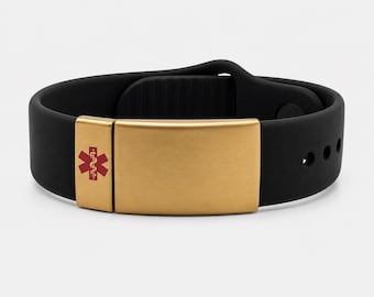 Medical Alert Bracelet, Black Silicone, Gold Faceplate, Star of Life