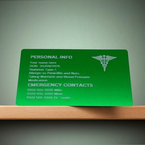 Medical Alert Wallet Card, Green Aluminum Engraved Emergency Contact Card For Wallet, Personalized Medical Alert For Medical Conditions.