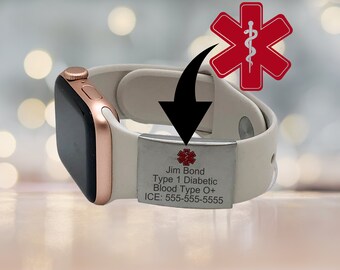 Étiquette d'identification d'alerte médicale Apple Watch, étiquette d'identification pour bracelet Apple Watch, gravure en acier inoxydable argenté avec symbole médical rouge, montre connectée, 22 x 28 mm.