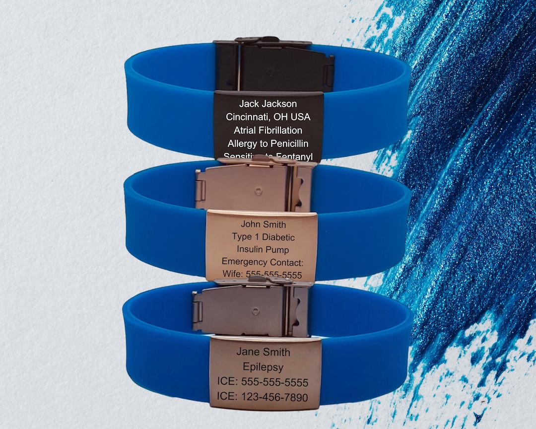 Engraved Medical Alert Bracelet: Blue Silicone Band, Stainless