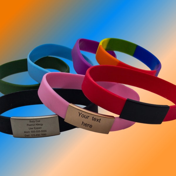 Medical Alert Wristband Silicone Personalized Gift | Custom Engraved Unisex Bracelet 13mm Wide Adult Size, Includes 2 silicone wristbands.