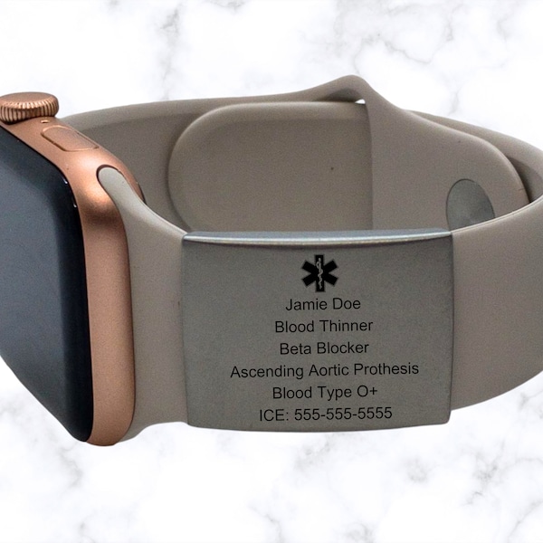 Apple watch band Medical alert ID Tag, fitness runners ID tag sport smartwatch, Silver Stainless Steel, Alert ID, 22 x 28mm.