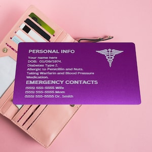 Medical Alert Wallet Card, Purple Aluminum Engraved Emergency Contact Card For Wallet, Personalized Medical Alert For Medical Conditions.