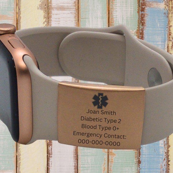 Apple Watch Rosegold Medizinischer Alarm, ID Tag graviert aus Edelstahl, 22 x 28mm, ID Tag Sport Smartwatch.