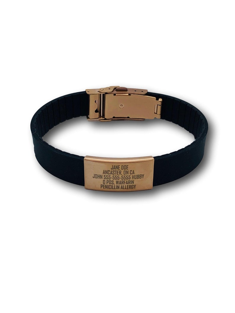 Black Bracelet 15mm ID Bracelet Diabetes Bracelet Rose Gold Faceplate Personalized Medical Bracelet