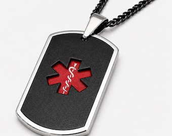 Red Caduceus Dog Tag Necklace: Stainless Steel Medical ID