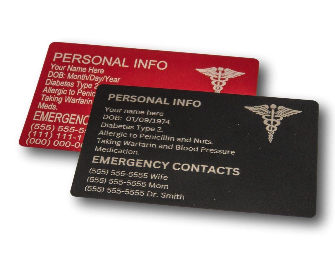 Medical Alert Wallet Card Aluminum Engraved Emergency Contact - Etsy
