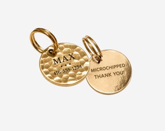 Solid Brass Hammered Pet ID Tag | Custom Laser Engraved Dog, 25mm Round Name Tag