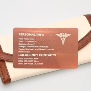 Medical Alert Wallet Card, Pink Aluminum Engraved Emergency Contact Card For Wallet, Personalized Medical Alert For Medical Conditions.