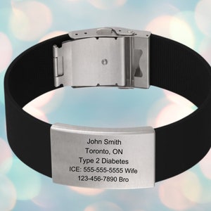 Medical Alert ID Bracelet: Black Silicone Band, Stainless Steel Faceplate