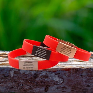 Medical Alert Bracelet, Red Adjustable Silicone Band | 15mm Silver, Black, Rose Gold Stainless Steel Faceplate For Women, Men and Children.