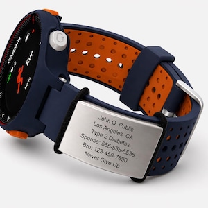 May include: A navy blue Garmin smartwatch with an orange perforated band. The watch face displays a running icon. A silver plate on the band is engraved with personal information, including the text "Never Give Up."