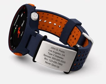 May include: A navy blue Garmin smartwatch with an orange perforated band. The watch face displays a running icon. A silver plate on the band is engraved with personal information, including the text "Never Give Up."
