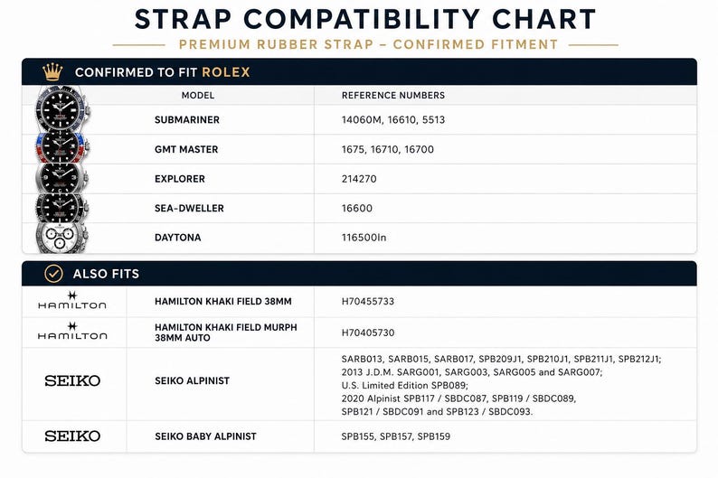Puede incluir: Una tabla de compatibilidad de correas con el texto "STRAP COMPATIBILITY CHART" y "PREMIUM RUBBER STRAP - CONFIRMED FITMENT". La tabla enumera modelos de relojes como Submariner, GMT Master y Explorer, con n&uacute;meros de referencia y marcas como Rolex, Hamilton y Seiko.