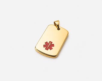 Engraved Gold Medical ID Dog Tag: Stainless Steel Pendant, 19" Chain