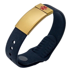 Medical Alert Bracelet For Women, Men and Kids, Black Silicone Pin and Tuck Bracelet. Gold faceplate & star of life badge.