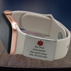 Identyfikator medyczny do zegarka Apple Watch, identyfikator do paska Apple Watch, grawerowana srebrna stal nierdzewna z czerwonym symbolem medycznym, smartwatch, 22 x 28 mm.