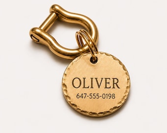 Solid Brass Pet ID Tag • Hand Finished Hammered Edge • Personalized Dog Tag