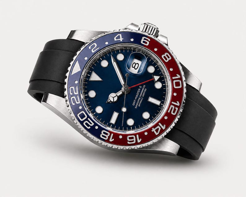 Puede incluir: Un reloj de pulsera de acero inoxidable con esfera azul, bisel rojo y azul y correa de caucho negro. El reloj presenta marcadores de hora y agujas blancas, con visualizaci&oacute;n de fecha a las 3. Modelo GMT-Master II.