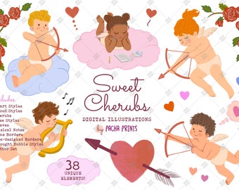 Sweet Cherubs Valentine's Day Cute Cupids Hand-drawn Digital Download 38 Unique Clipart Illustrations Set