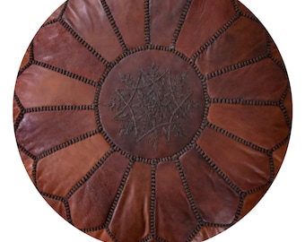 Artisanal Moroccan Leather Pouffe - Handmade Pouf - Delivered stuffed - Ottoman, footstool, floor cushion (Cinnamon Brown)