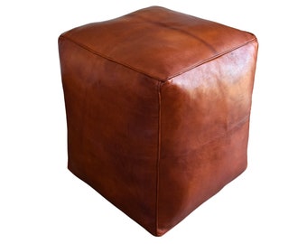 Quadratischer Leder Pouf - Cognac Braun - Handgefertigt - gefüllt geliefert - Ottoman Sitzsack Fußhocker