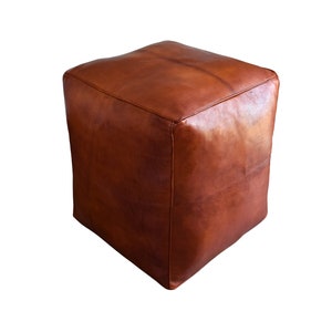 Premium Square Leather Pouf Honey Brown Delivered Stuffed Ottoman, Footstool, Floor Cushion image 1