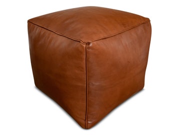 Premium Square Leather Pouf Brown - Delivered Stuffed - Ottoman, Footstool, Floor Cushion