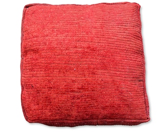 Berber Vintage Kilim Pouf Red - 100% Wool and Cotton - Handwoven Seating Pillow - Red Floor Cushion K496