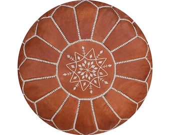 Artisanal Moroccan Leather Pouffe - Handmade - Delivered stuffed - Ottoman, footstool, floor cushion (Terra Brown)