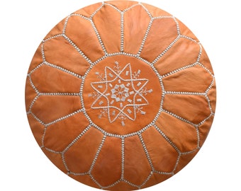 Artisanal Moroccan Leather Pouffe - Handmade - Delivered stuffed - Ottoman, footstool, floor cushion Leather Pouf (Sand Brown)