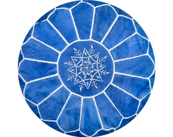 Moroccan Leather Pouf Boho - Handmade Blue Pouf - Delivered stuffed - Ottoman, footstool, floor cushion leather pouffe (Sky Blue)