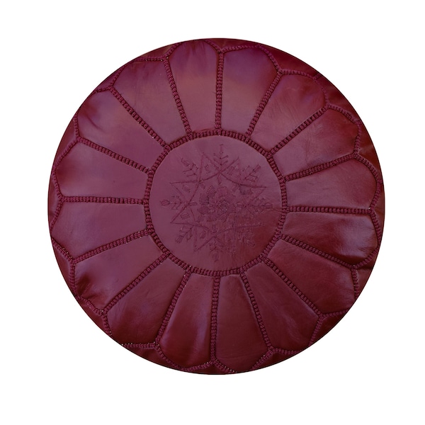 Pouf Artisanal Marocain en Cuir Véritable Fait Main - Bordeaux - Vendu Rembourré - Coussin de Sol, Ottoman, Repose-Pied