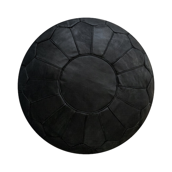 Premium XL Scandinavian Leather Pouf - Black - Delivered Stuffed - Black Ottoman, Floor Cushion, leather footstool