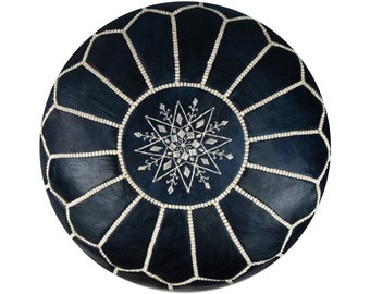Artisanal Moroccan Leather Pouffe - Handmade - Delivered stuffed - Ottoman, footstool, floor cushion (Dark Blue)