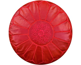 Poufs&Pillows Premium Artisanal Leather Pouffe - Handmade - Delivered stuffed - Ottoman, footstool, floor cushion (Red)