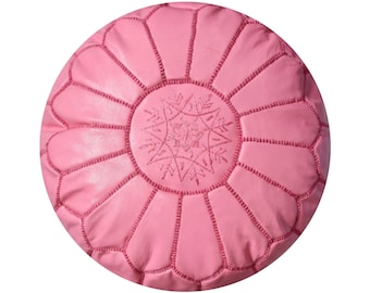Artisanal Moroccan Leather Pouffe - Handmade - Delivered stuffed - Ottoman, footstool, floor cushion (Pink)