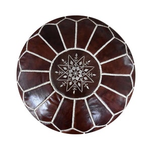 Artisanal Leather Pouf - Handmade - Delivered stuffed - Ottoman, footstool, floor cushion (Wood Brown)