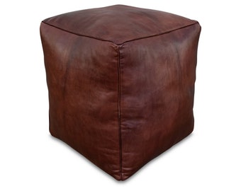 Premium Square Leather Pouf - Dark Brown - Delivered Stuffed - Ottoman, Footstool, Floor Cushion