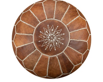 Artisanal Moroccan Leather Pouffe - Handmade - Delivered stuffed - Ottoman, footstool, floor cushion (Cognac Brown)