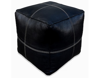 Modern Square Leather Pouf - Black - Delivered Stuffed - Ottoman, Footstool, Floor Cushion