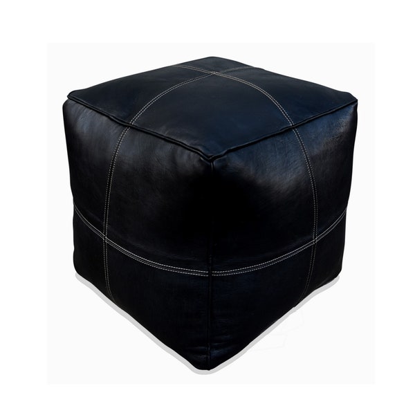 Modern Square Leather Pouf - Black - Delivered Stuffed - Ottoman, Footstool, Floor Cushion