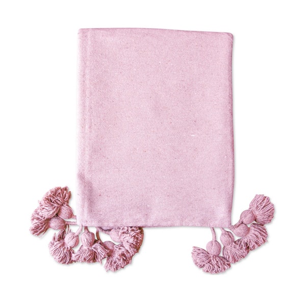 Couverture Pompon Rose Faite-Main 100% Laine et Coton - Jeté, Plaid, Couvre-lit