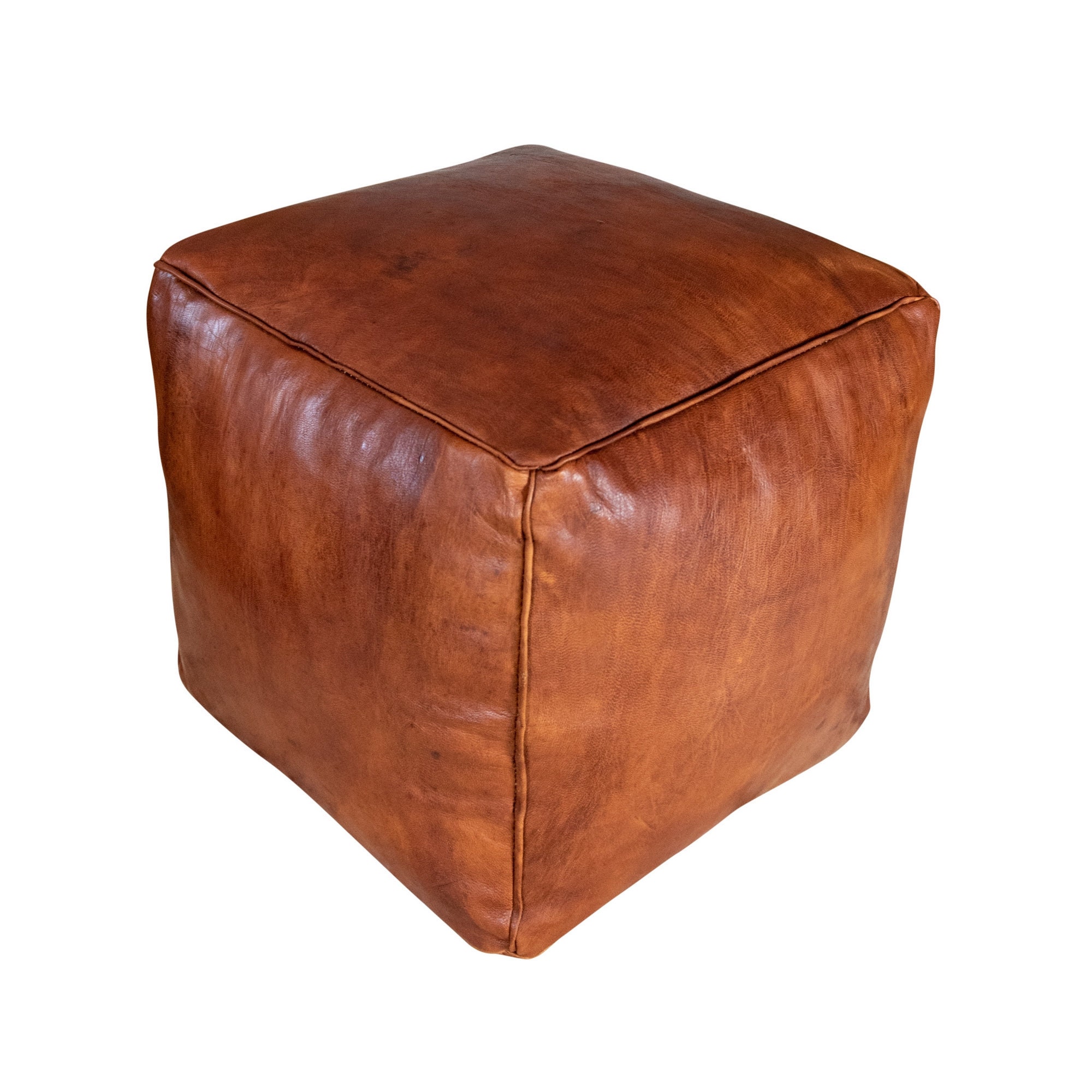 Premium Square Leather Pouf Honey Brown, Square Leather Pouf