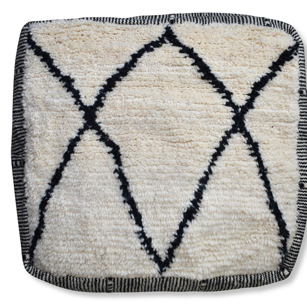 Pouf Kilim Artisanal Marocain Fait-Main - 100% Laine et Coton - Style Beni Ourain Noir et Blanc