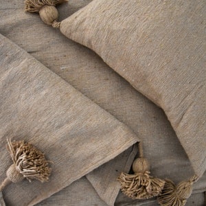 Pompom Blanket - 100% Cotton and Wool - Beige - Bedspread, Throw, Moroccan Bedding